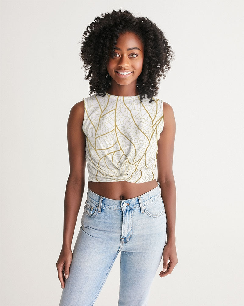 Gold Abstract Leaves Twist-Front Crop Tank