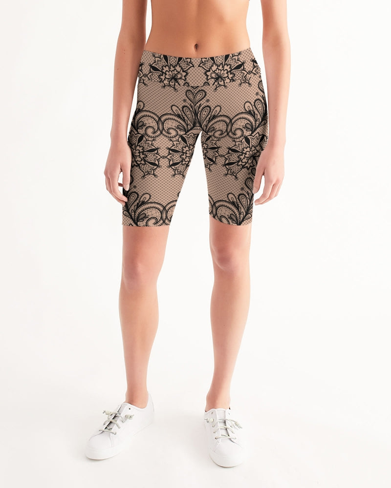 Black & Nude Lace Women's Mid-Rise Bike Shorts