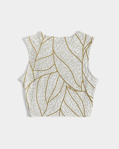 Gold Abstract Leaves Twist-Front Crop Tank